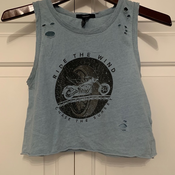 Forever 21 Tops - Pale Blue Crop Top Moto Graphic